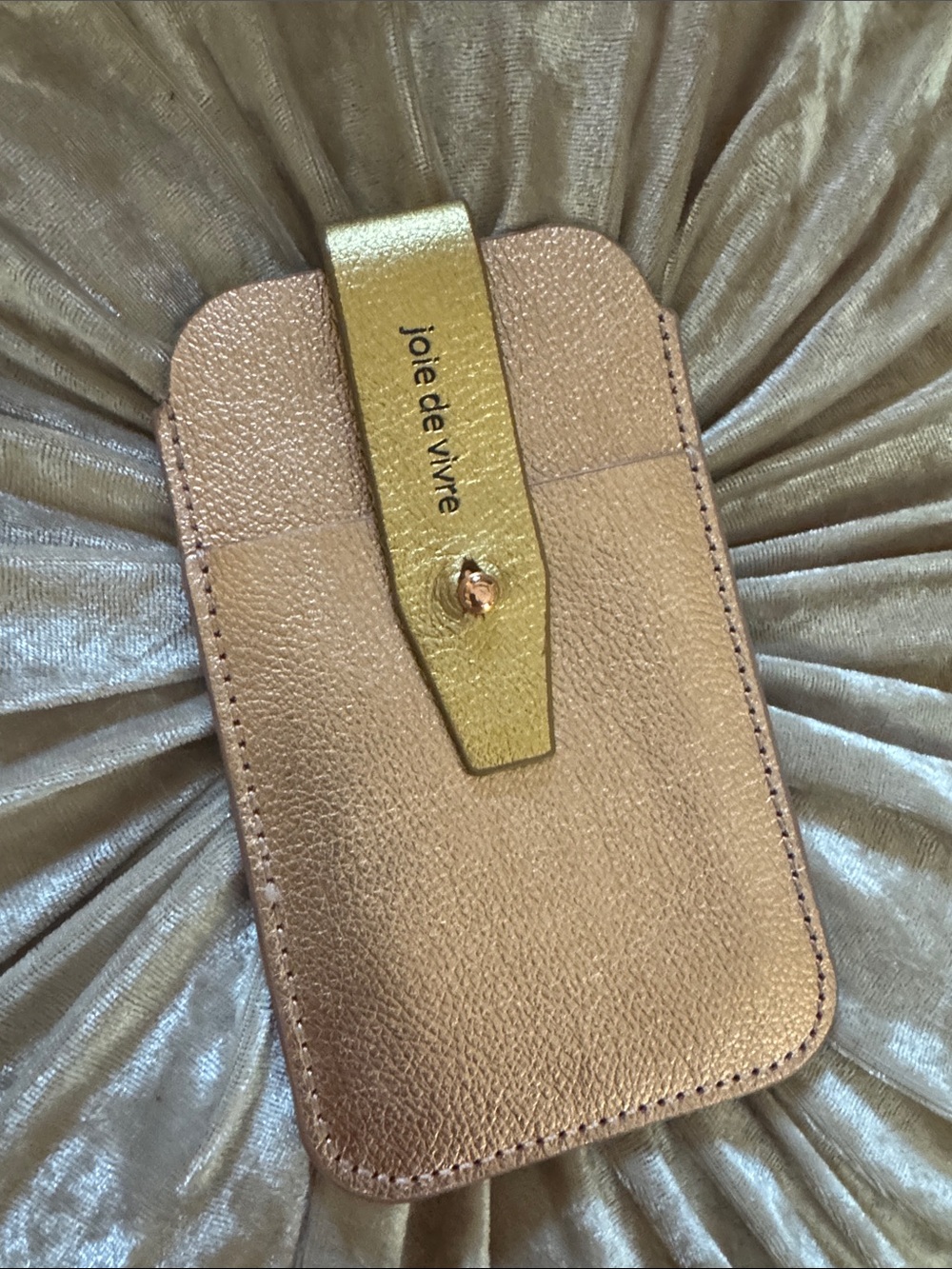 joie de vivre Metallic Leather Phone Sleeve/Wallet – Rose Gold with Gold Strap